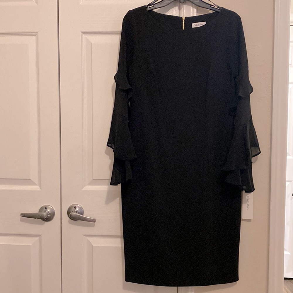 Calvin Klein Black Sheath Dress with Long Layered Chiffon Sleeves. Size 12 - NWT